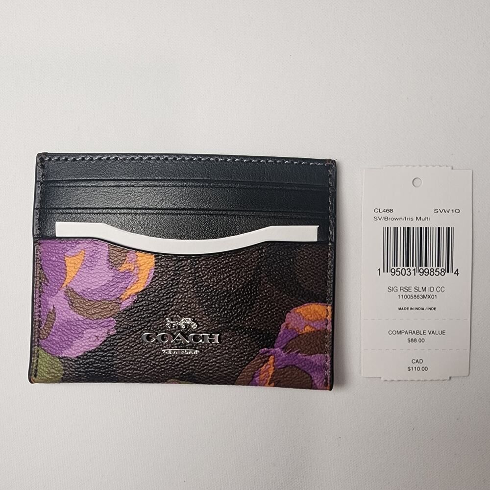 NWT COACH CL468 Slim ID Card Case Signature Canvas Rose Iris Multi v4